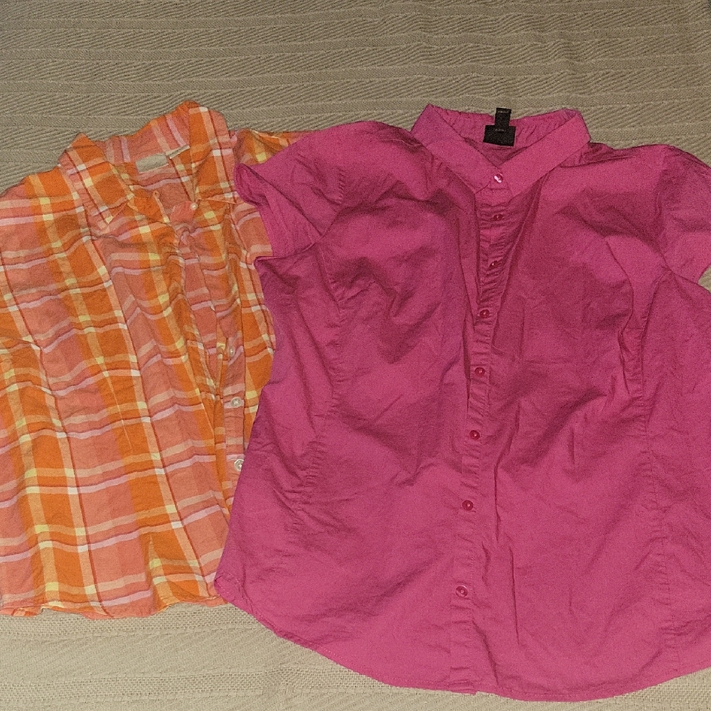 2 Women's Blouses Pink and Orange Plaid
